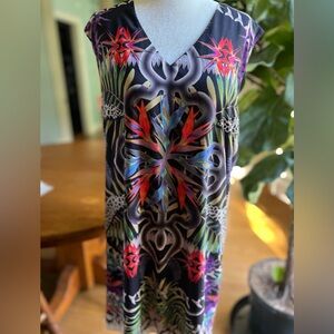 Artelier Nicole Miller Anthropologie Dress L Tropical Abstract Statement MIDI